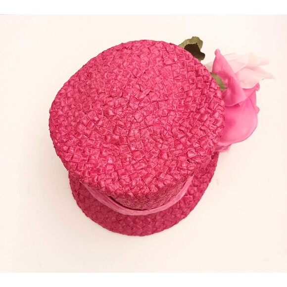 VTG Mr Josephs Hot Pink Straw Hat Lg Pink Rose Trim Velvet  display picture 1